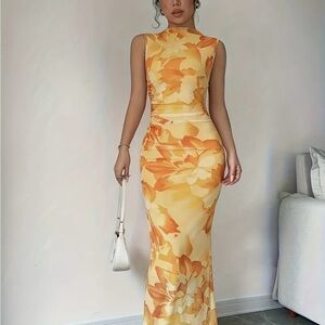 Floral Sleeveless Maxi Dress - Yellow and Orange